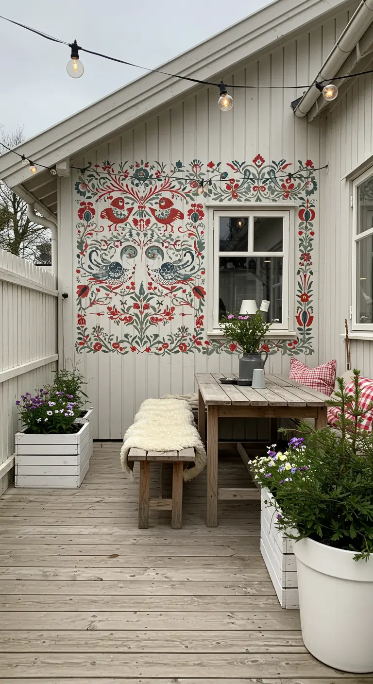 Pared exterior de una casa de madera con un mural simétrico de estilo folclórico.