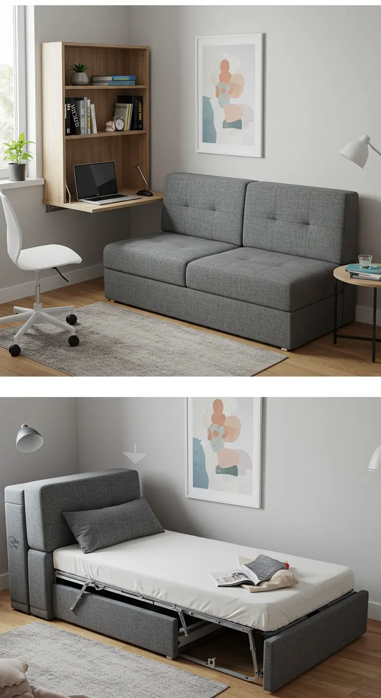 Collage de un sofá gris que se transforma en cama, junto a un escritorio plegable de pared.