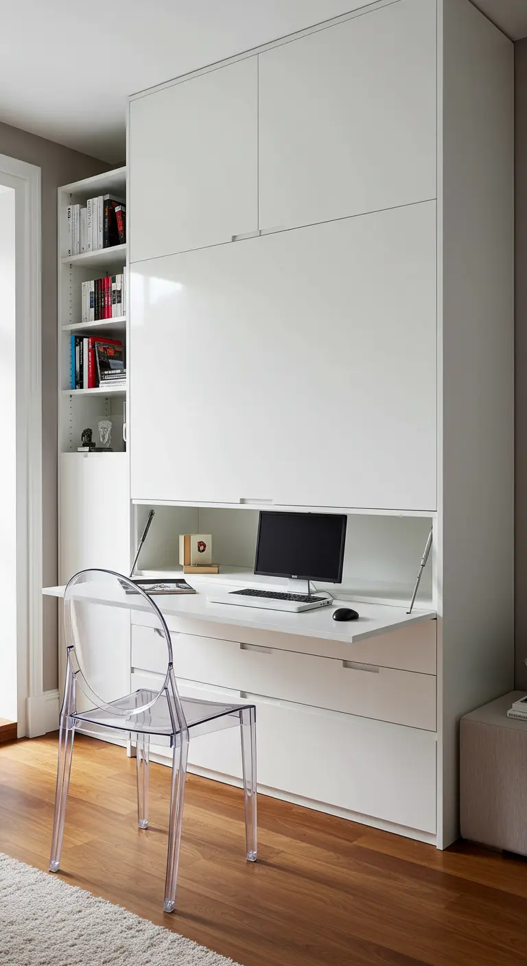Mueble abatible blanco y brillante que se convierte en escritorio y cama.
