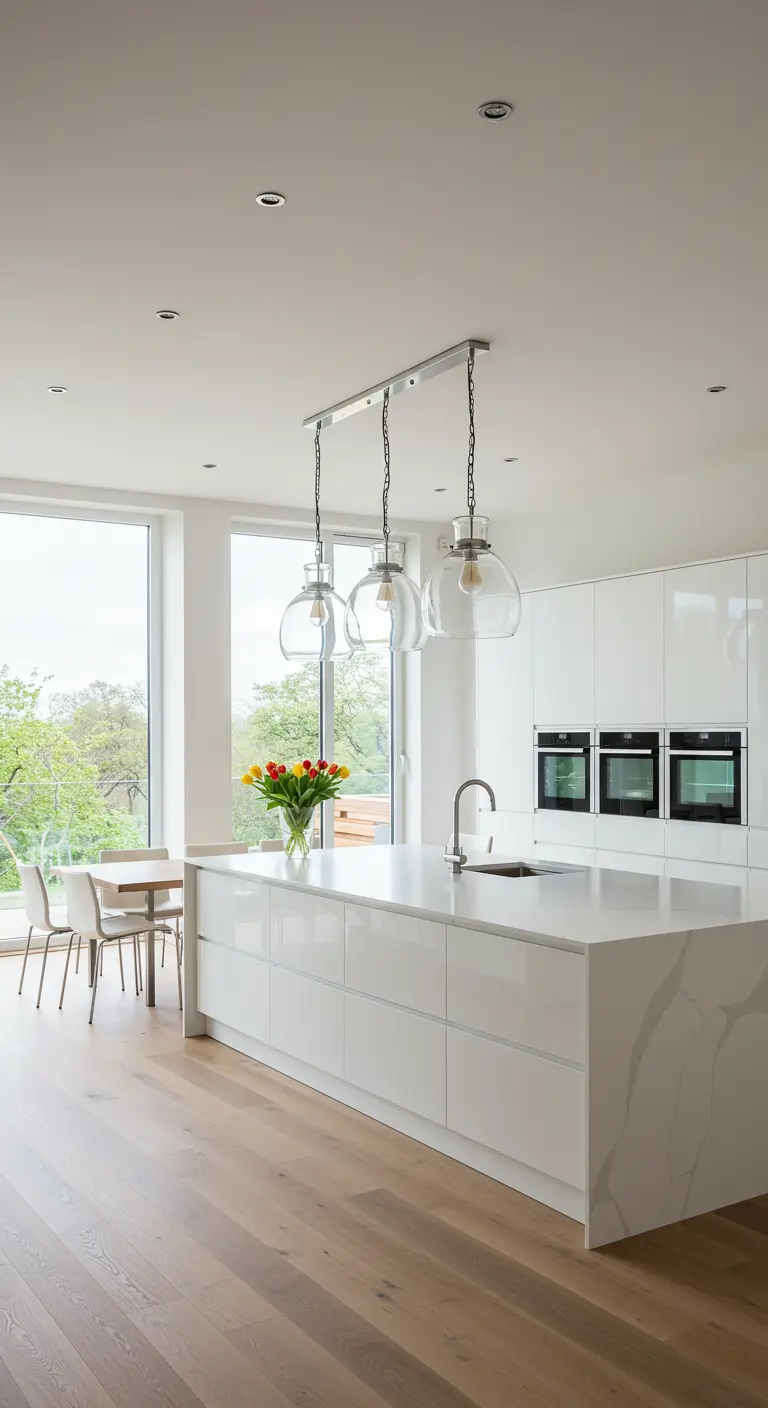Cocina blanca y luminosa con tres lámparas colgantes de campana de cristal transparente sobre la isla.
