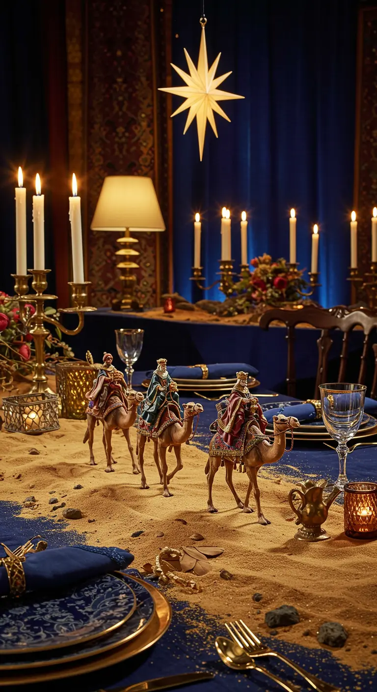 Procesión de los Reyes Magos sobre una mesa cubierta de arena con vajilla azul y dorada.
