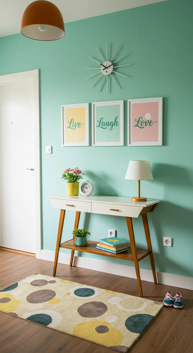 Pared verde menta con tres cuadros en tonos pastel que dicen 'Live', 'Laugh', 'Love'.