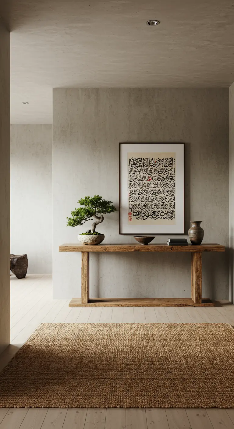 Consola de madera rústica con un bonsái, caligrafía japonesa y alfombra de yute.