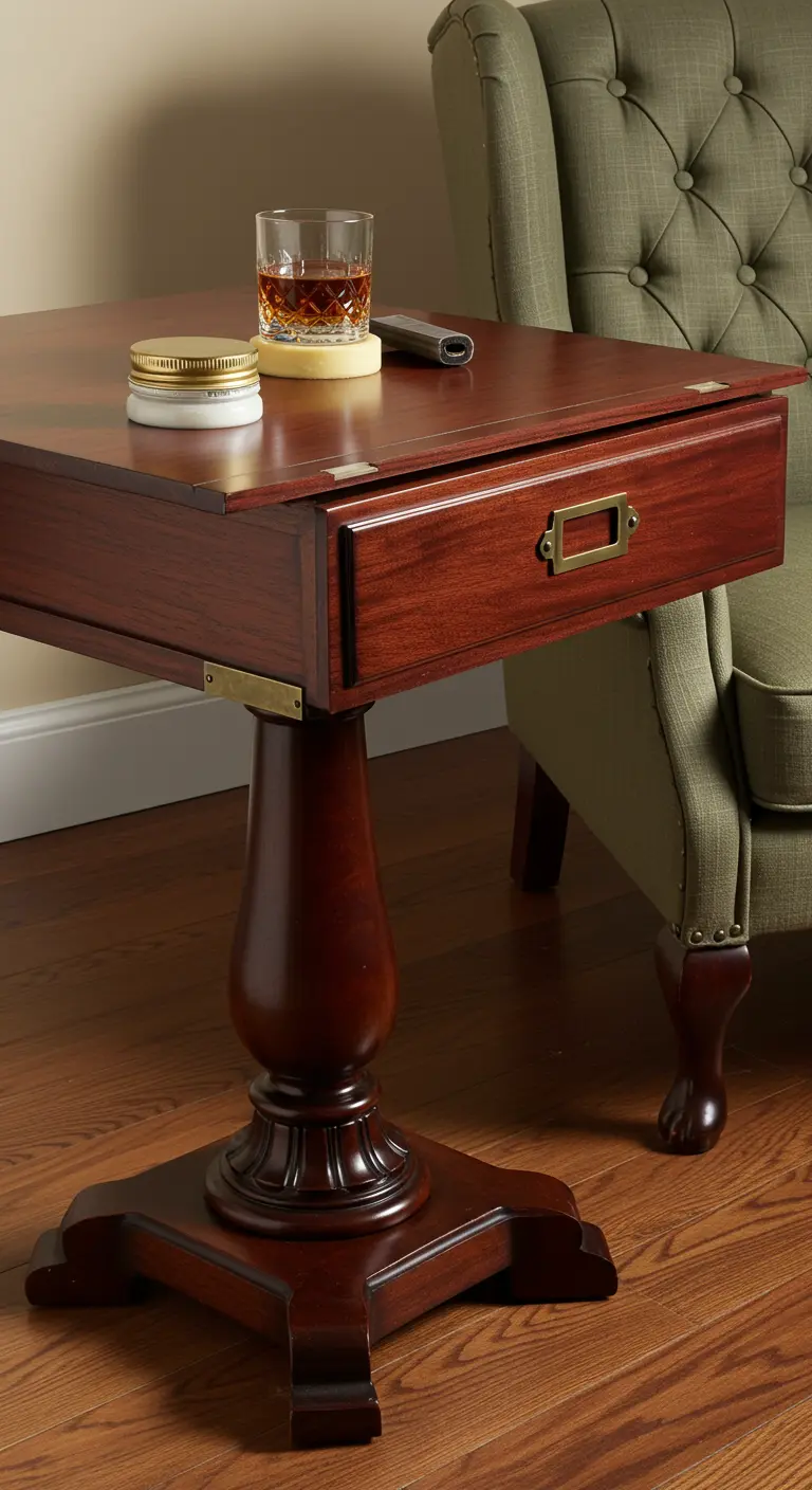 Mesa auxiliar elegante hecha uniendo un cajón de caoba a una base de pedestal de madera