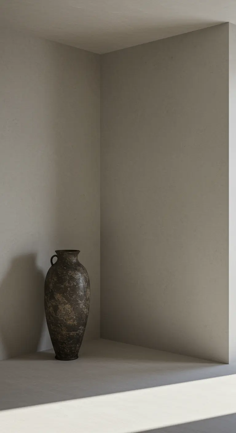 Una gran urna de cerámica oscura y envejecida en la esquina de una habitación minimalista.