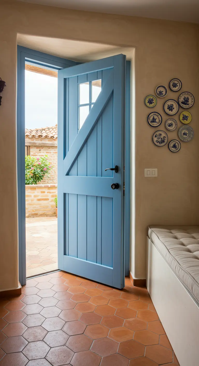 Puerta azul claro junto a una pared decorada con una colección de platos de cerámica pintada.