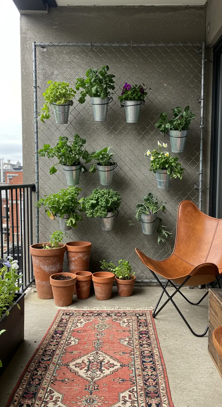 Valla de tela metálica usada como soporte para colgar cubos de metal con plantas.