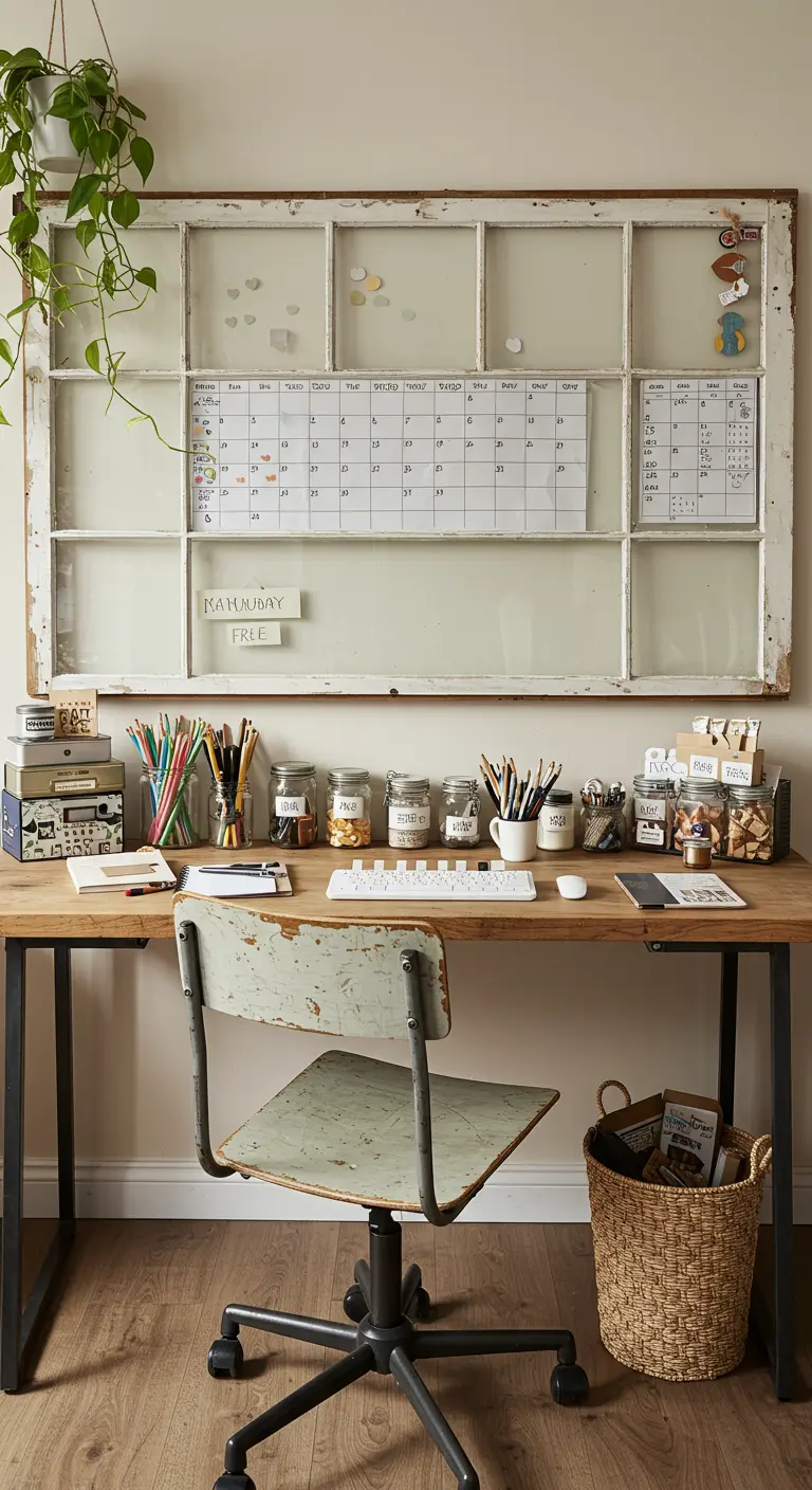 Una ventana antigua reciclada y colgada sobre un escritorio, usada como organizador y pizarra.