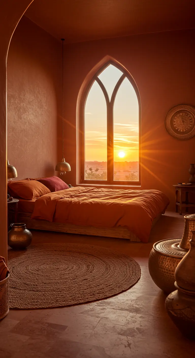 Habitación marroquí con paredes terracota, una ventana en arco con vistas al atardecer y cama baja.