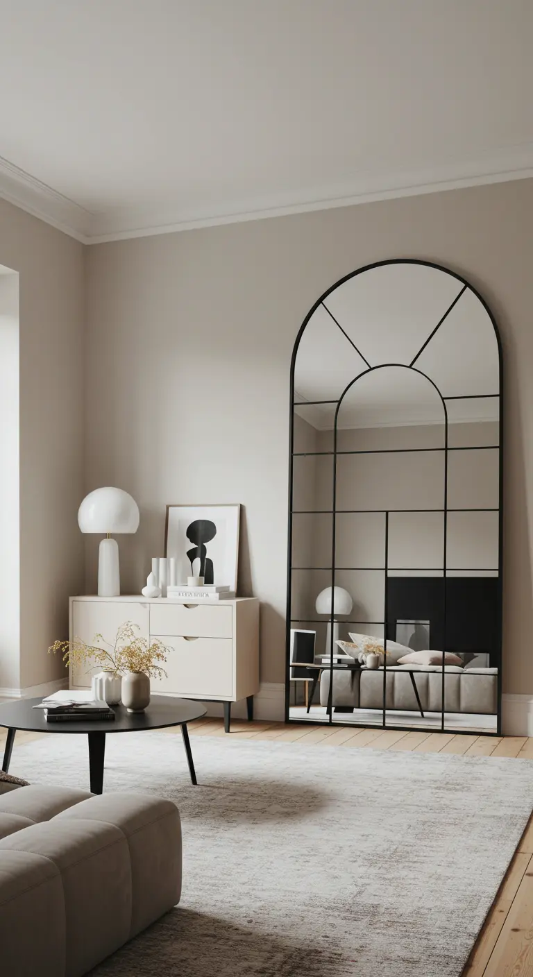 Espejo de suelo muy grande con forma de ventana de arco en un salón minimalista