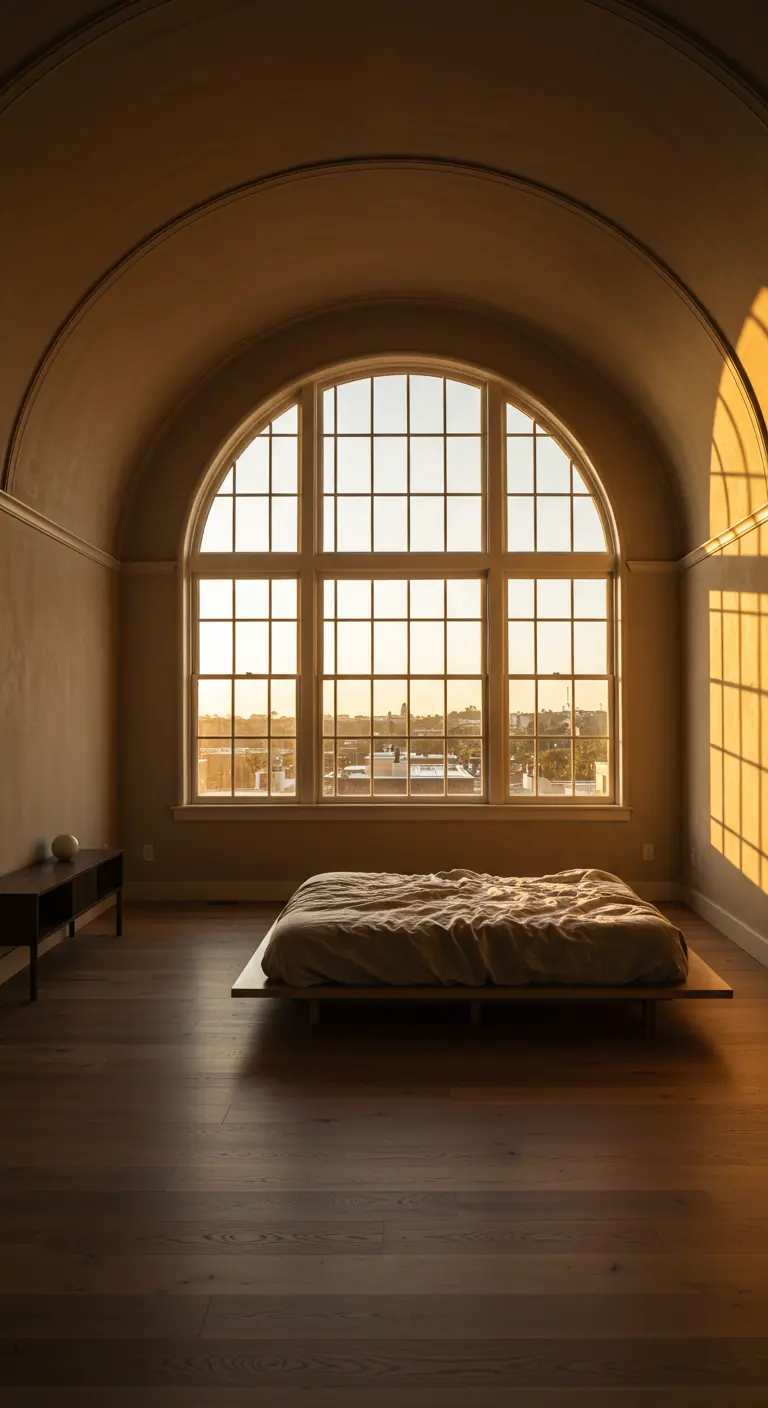 Dormitorio minimalista en un loft con una gran ventana arqueada y cama baja.