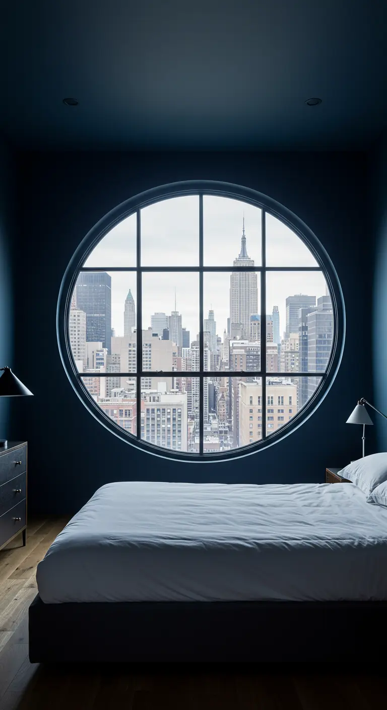 Dormitorio minimalista con una gran ventana redonda que enmarca el skyline de la ciudad