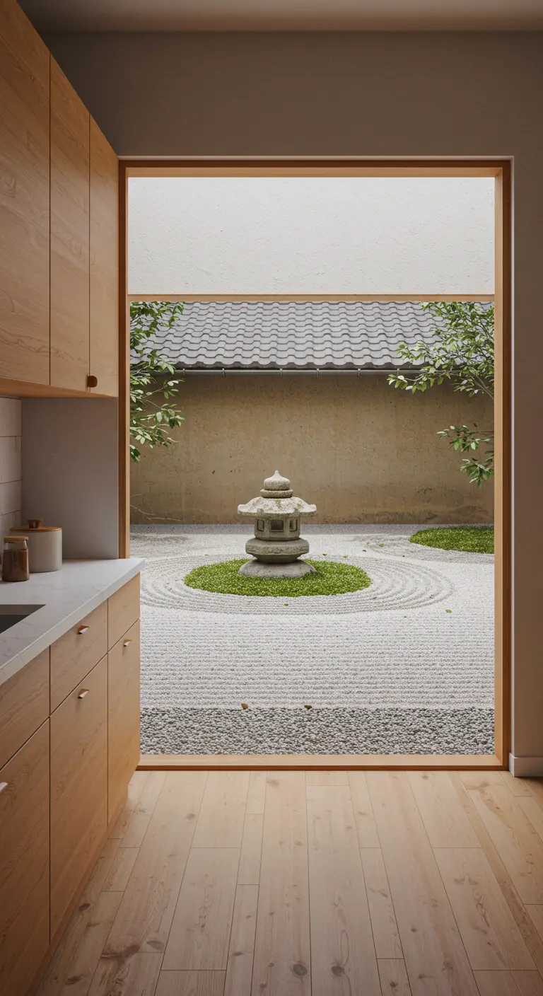 Cocina japonesa con una gran ventana que enmarca un jardín zen con una pagoda de piedra