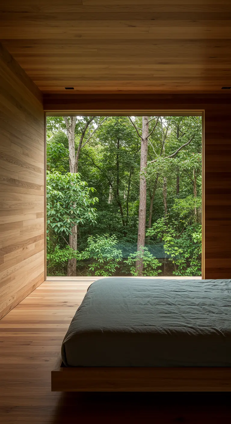 Cama baja de madera frente a un gran ventanal con vistas a un frondoso bosque.