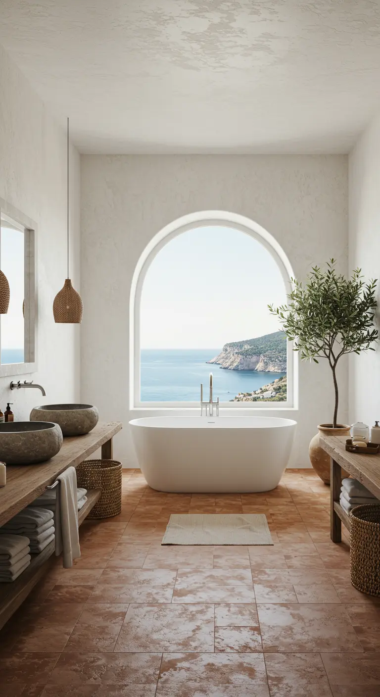 Baño ibicenco con gran ventana en arco y vistas al mar, lavabos de piedra y madera.