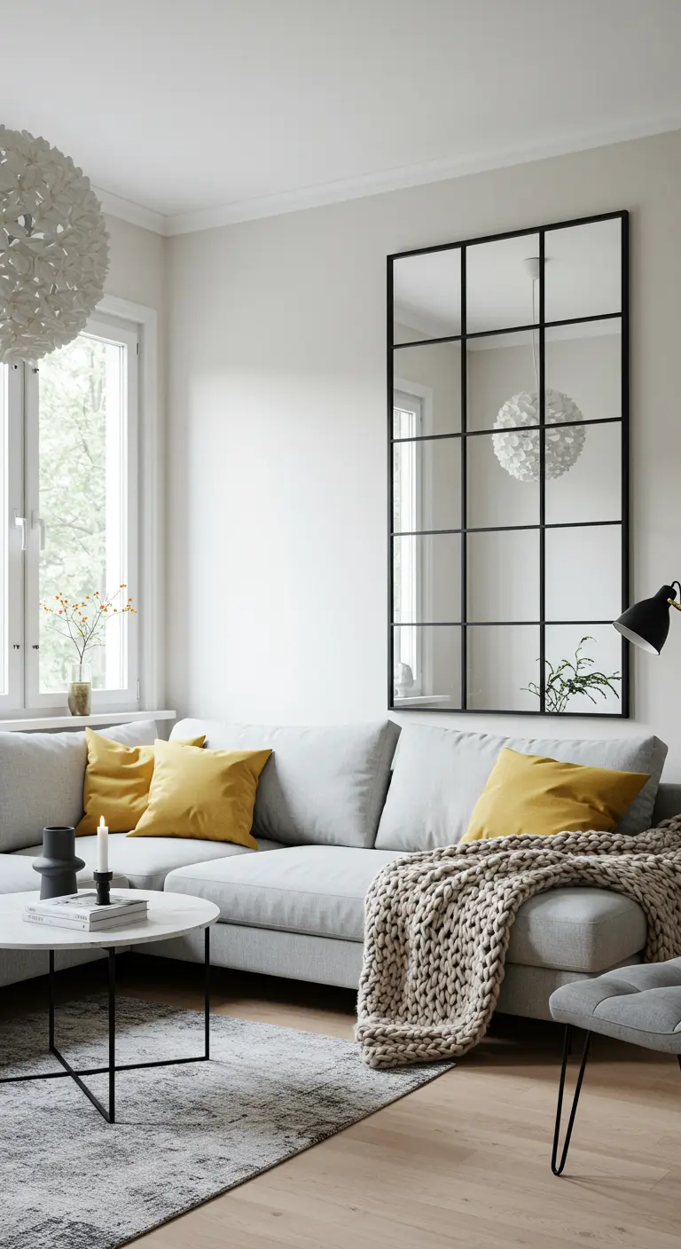 Espejo grande con cuarterones negros estilo ventana sobre un sofá gris en un salón luminoso