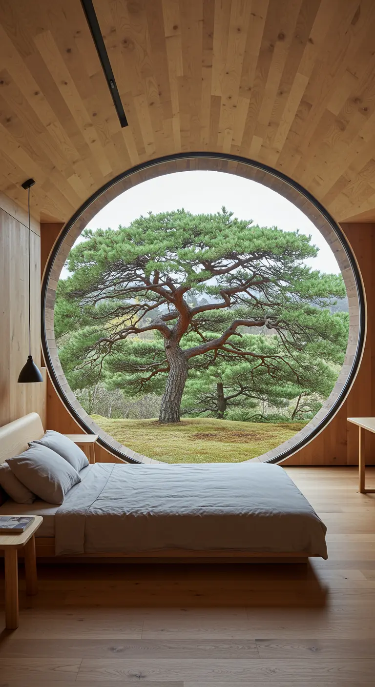 Dormitorio con una enorme ventana circular que enmarca un pino en el exterior.