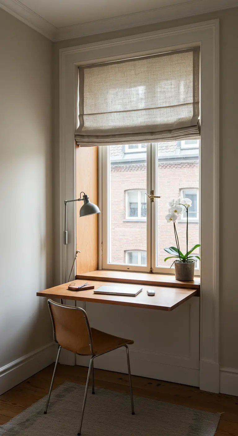 Escritorio plegable de madera instalado bajo una ventana para aprovechar la luz natural.
