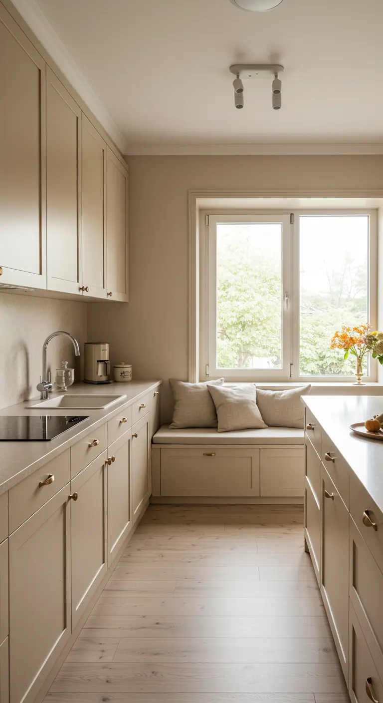 Cocina luminosa en tonos crema con un banco con cojines construido bajo la ventana