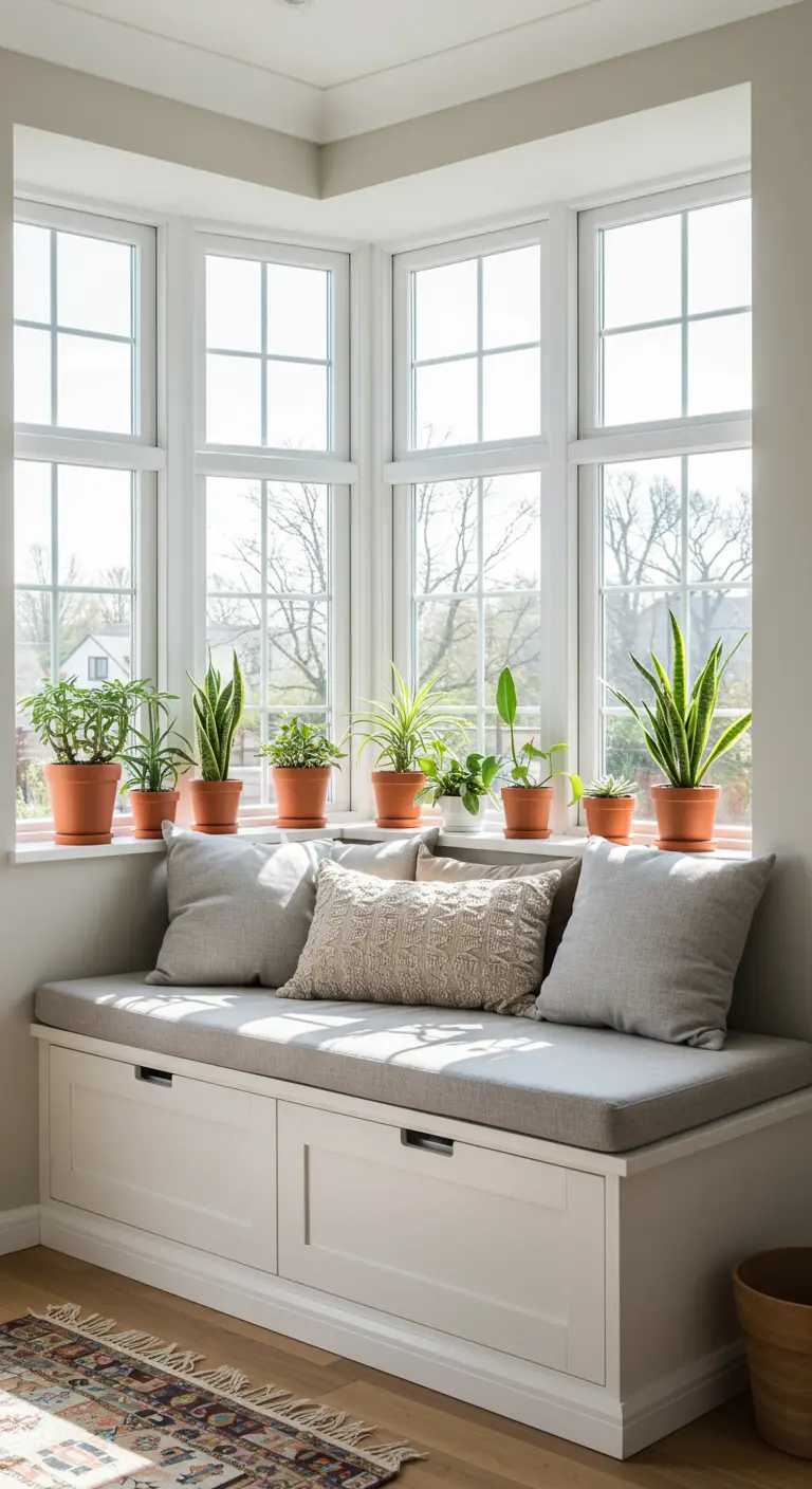Asiento de ventana con cojines grises y una fila de plantas en macetas de terracota.