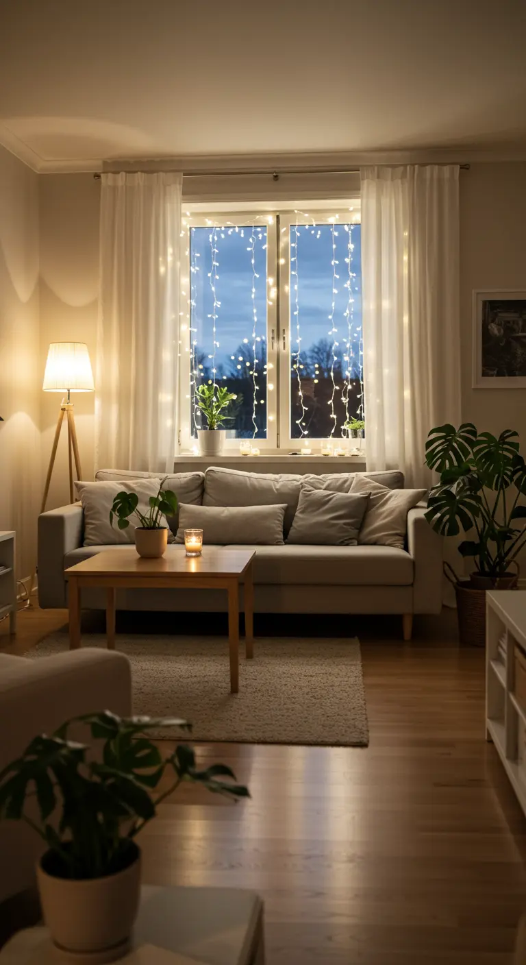 Sala de estar con luces de hadas tipo cascada en la ventana detrás del sofá