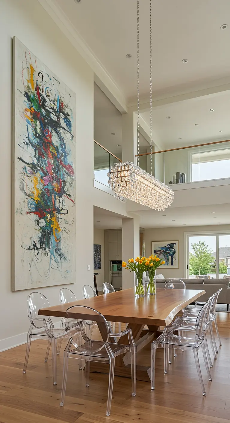 Comedor de doble altura con cuadro abstracto vertical gigante y candelabro de cristal.