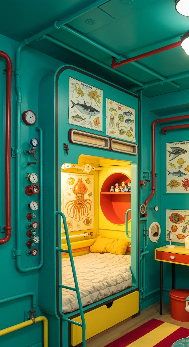 Dormitorio infantil que imita el interior de un submarino, con colores vivos y literas.