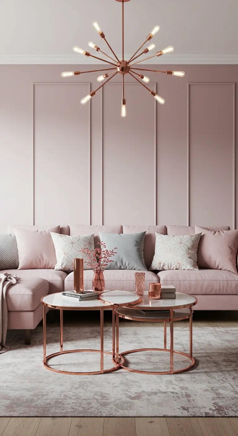 Sala de estar rosa con lámpara de araña y mesas de centro en oro rosa.