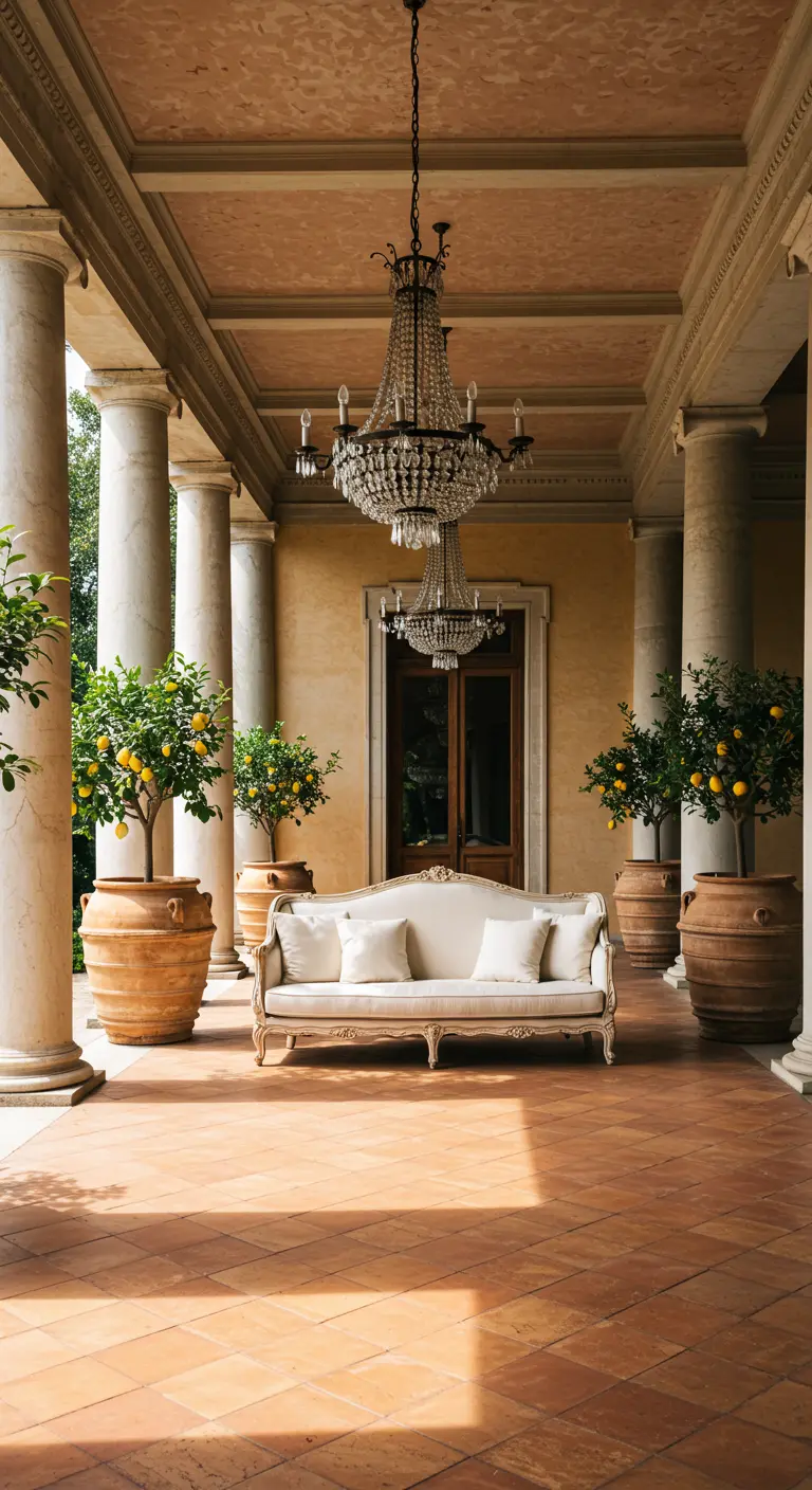 Patio de estilo toscano con columnas, sofá clásico, limoneros y dos lámparas de araña