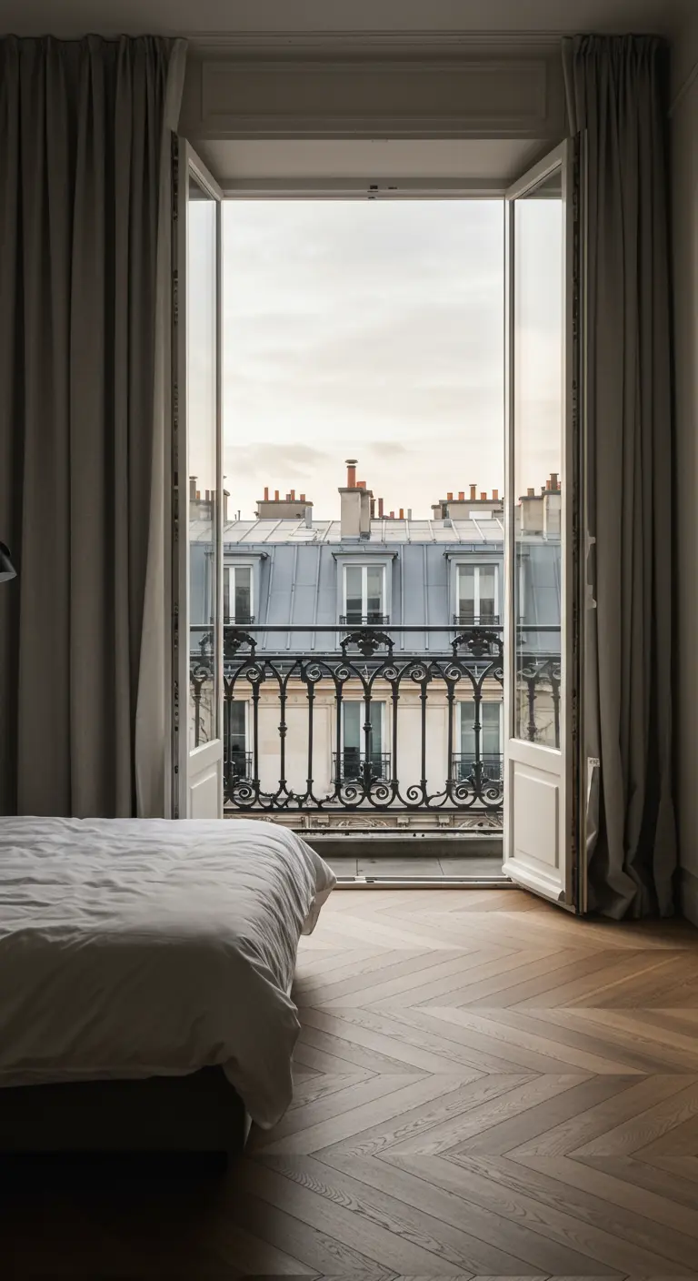 Vistas a los tejados de París desde un dormitorio con puertas de balcón abiertas y cortinas largas