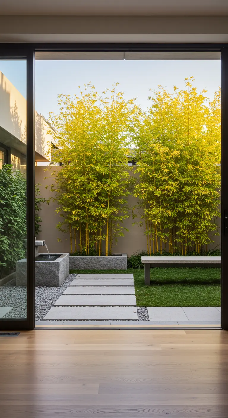 Vista de un patio zen minimalista a través de una puerta de cristal, con bambú, un banco y una fuente.