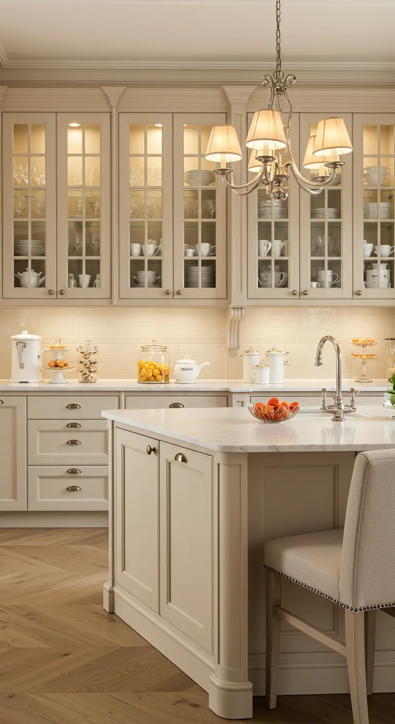 Cocina beige elegante con vitrinas iluminadas y una lámpara de araña.