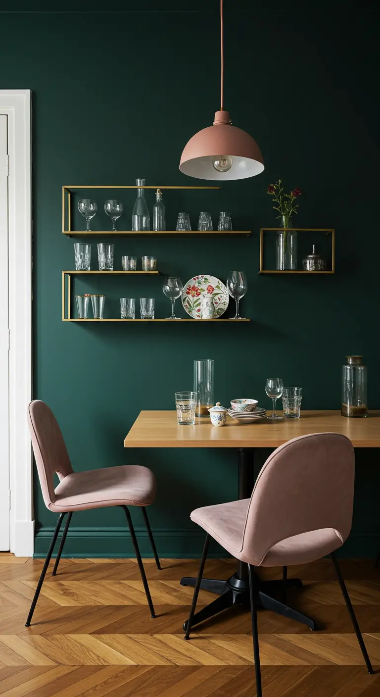 Estanterías geométricas doradas sobre una pared verde oscuro en un comedor moderno.