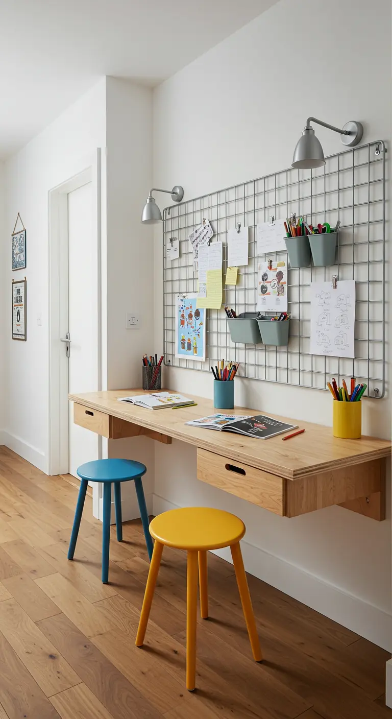 Zona de estudio en un pasillo con un escritorio de madera flotante y una rejilla organizadora.