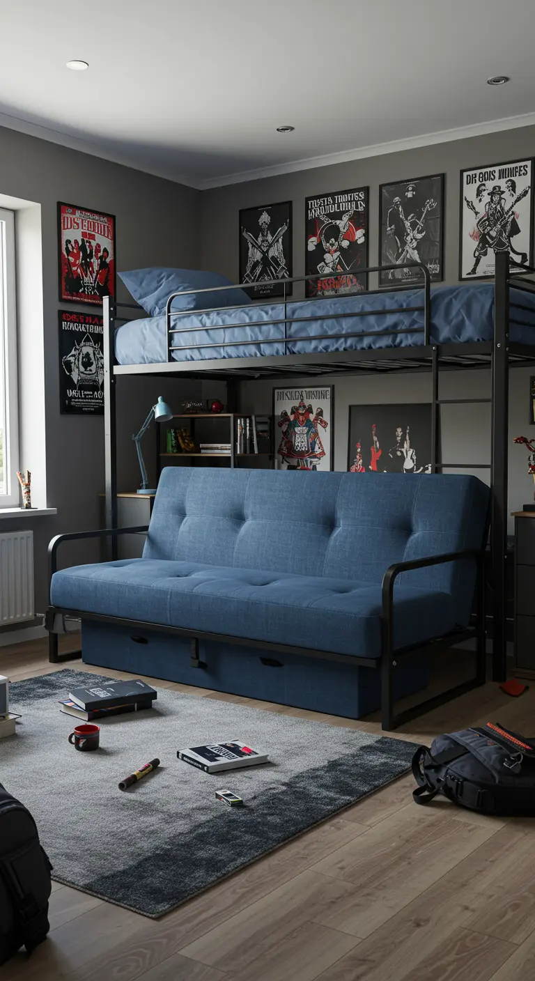 Sofá cama azul bajo una litera metálica en una habitación de adolescente con pósteres de rock.