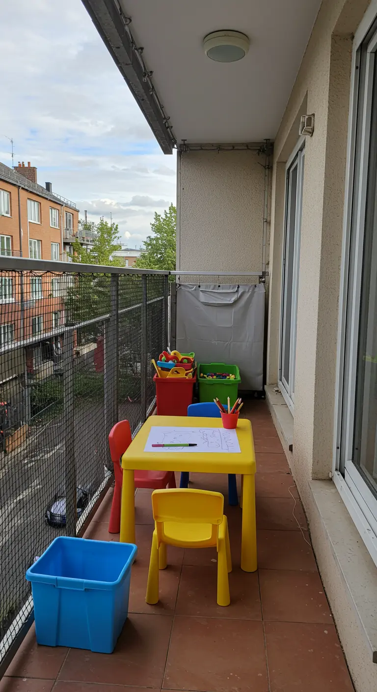 Pequeña mesa y sillas de plástico de colores para niños en un balcón, con cajas de juguetes.