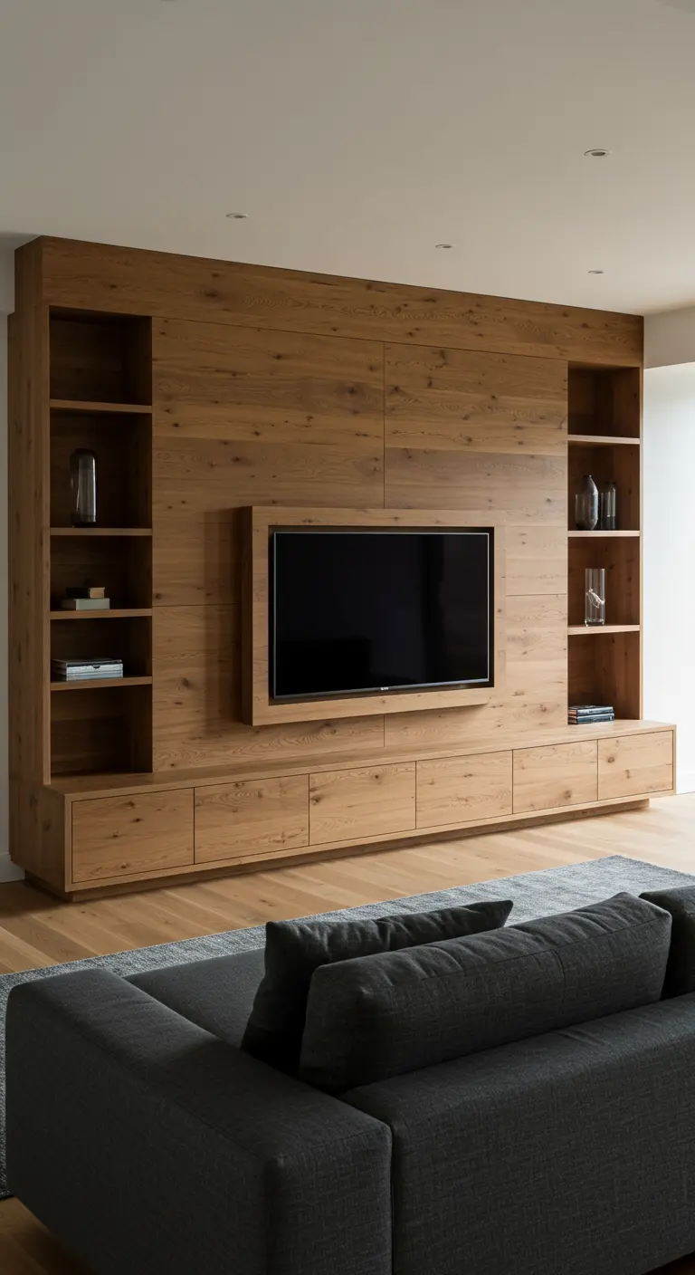 Mueble de televisión integrado en una pared completamente revestida de madera de roble natural.