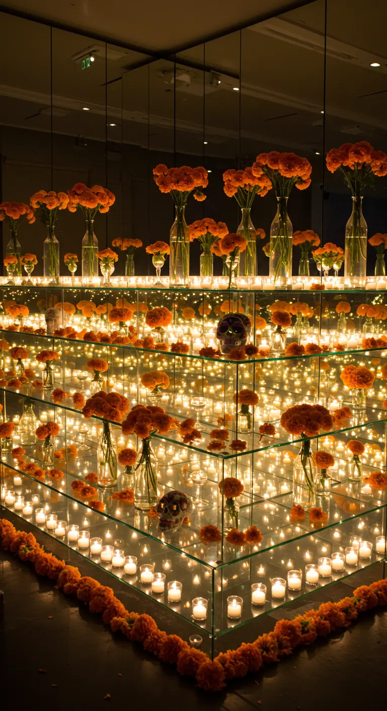 Altar de muertos hecho con espejos y cristal que crea reflejos infinitos de velas y flores.