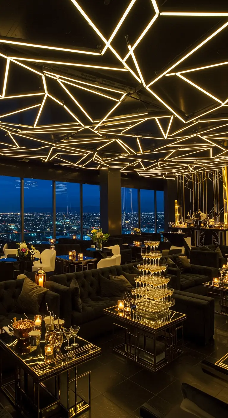 Moderno bar en un rascacielos con un techo decorado con líneas geométricas de luz LED.