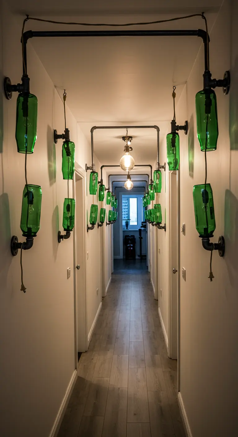 Instalación de iluminación en un pasillo con tuberías metálicas y botellas verdes como apliques.
