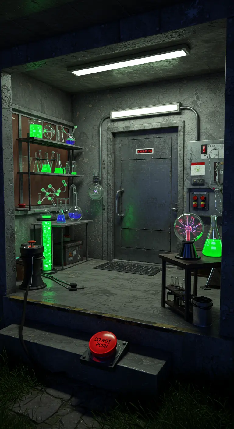 Entrada de porche convertida en el laboratorio de un científico loco con frascos y luces verdes.