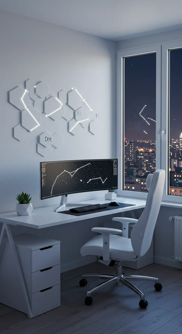 Oficina en casa minimalista y blanca con luces de pared hexagonales y vistas a la ciudad.