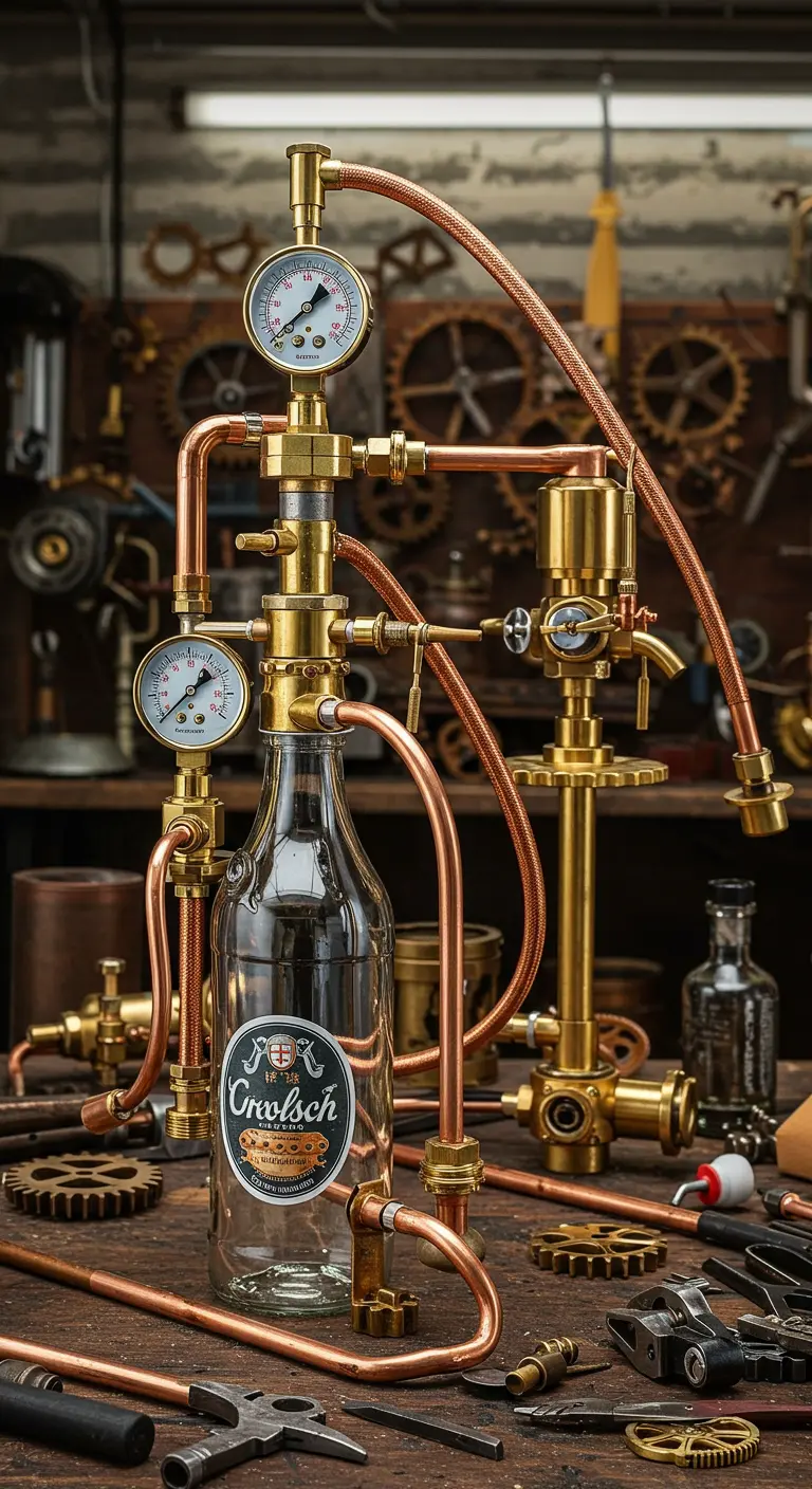 Complejo dispensador de jabón estilo steampunk con tuberías de cobre, manómetros y engranajes.