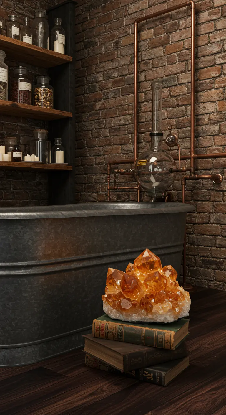 Baño industrial con pared de ladrillo, tuberías de cobre y un gran cristal de citrino.