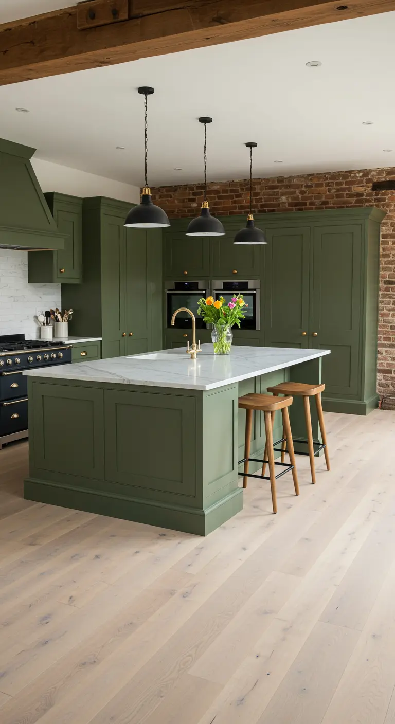 Cocina verde oliva con isla de mármol, pared de ladrillo y lámparas colgantes negras.