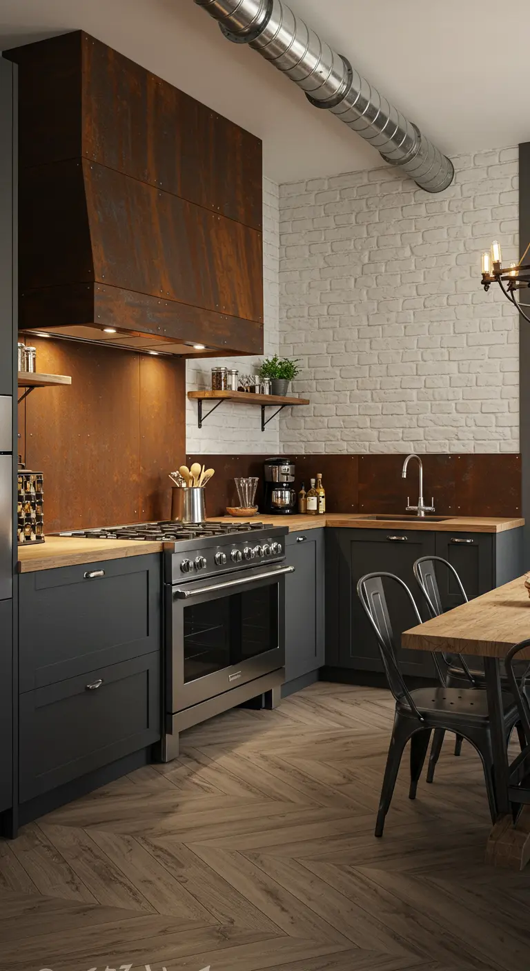 Cocina con pared de ladrillo blanco, muebles oscuros y campana de acero oxidado.