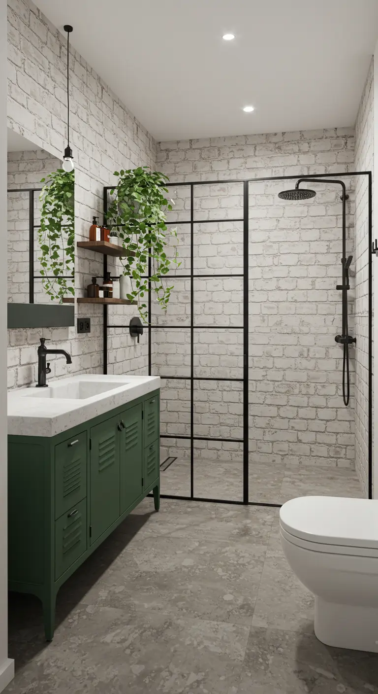 Baño industrial con pared de ladrillo blanco, mueble verde y mampara negra.