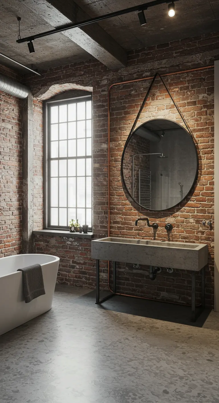 Baño de estilo industrial con pared de ladrillo, lavabo de cemento y espejo redondo colgante.