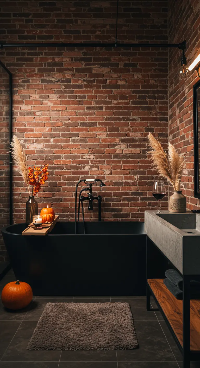 Baño industrial con pared de ladrillo, bañera negra mate y hierba de la pampa.