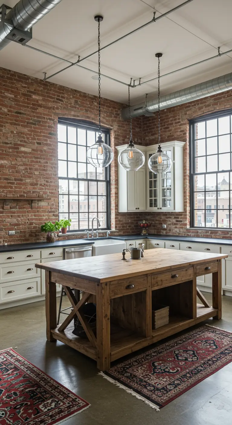 Cocina urbana estilo farmhouse con pared de ladrillo, isla de madera y lámparas industriales